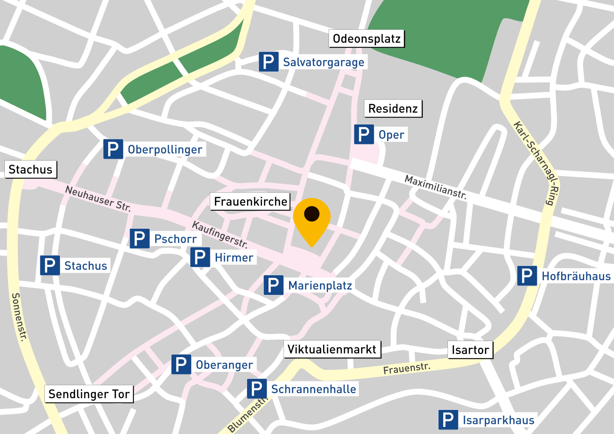 Karte der Parkmöglichkeiten am Marienplatz mit eingezeichneten Parkhäuser